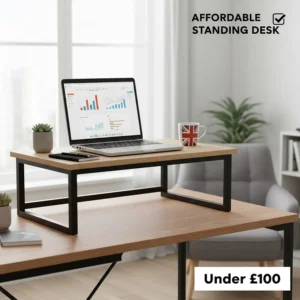 A clean, modern home office setup featuring an affordable standing desk converter priced under £100 with minimalist British styling.