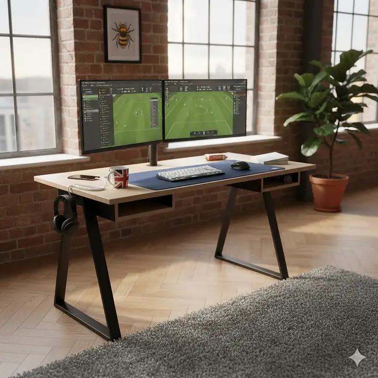 A stylish budget gaming desk in a modern UK home office featuring a dual-monitor setup and RGB lighting. budget gaming desk