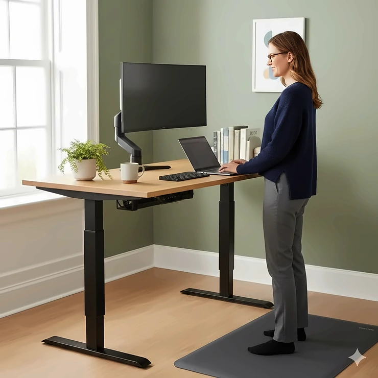 A professional using a height-adjustable electric standing desk in a bright UK home office to improve posture and relieve lower back pain. electric standing desk for back pain
