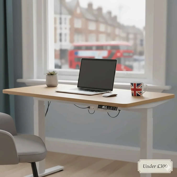 A modern height-adjustable electric standing desk in a bright UK home office, showing a laptop and a cup of tea, priced under £300. electric standing desk uk under 300