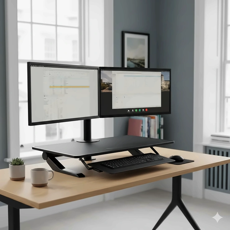 Alt text for image 1 A premium sit stand converter for dual monitors in a modern UK home office, featuring a light oak desk and professional ergonomic setup. sit stand converter for dual monitors