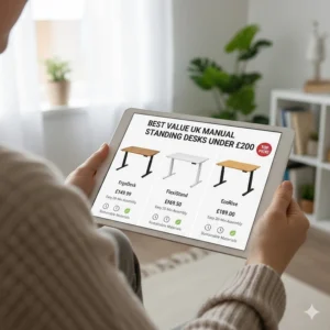 Infographic showing a selection of the best value manual standing desks available in the UK for under £200.
