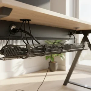Built-in cable management tray and grommets on a value gaming desk to keep wires organised.