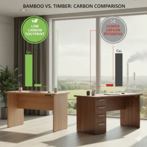 Graphic showing the low carbon footprint of bamboo compared to traditional timber office furniture.