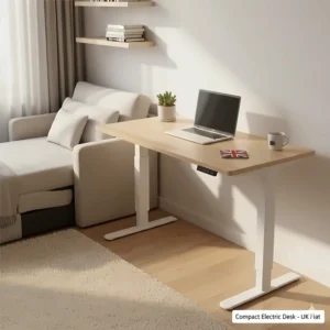A compact white electric standing desk designed to fit into a small UK spare room or flat.