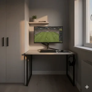 A compact budget gaming desk designed to fit into a small bedroom or flat-screen alcove.