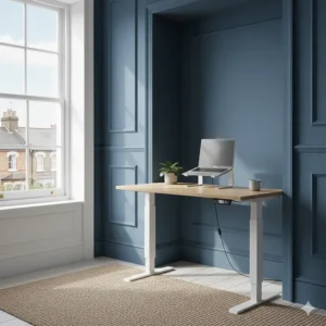 A compact, quiet electric standing desk tucked into a small alcove in a London flat.