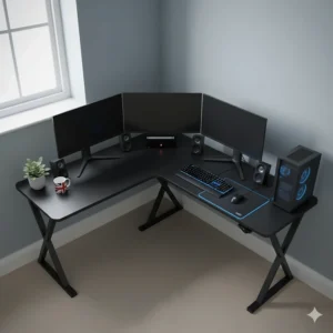 L-shaped gaming desk designed to fit into a tight corner of a small bedroom to maximise floor space.