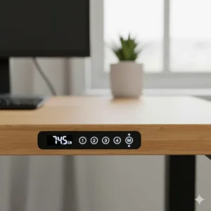 The digital keypad of an electric bamboo desk showing four programmable height presets.