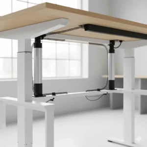Close-up of a smooth dual motor system used in a quiet electric standing desk for stable lifting.