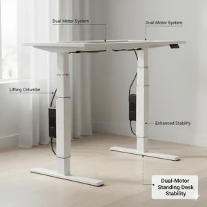 Technical drawing of a stable dual-motor frame for a sit-stand desk available in the UK.