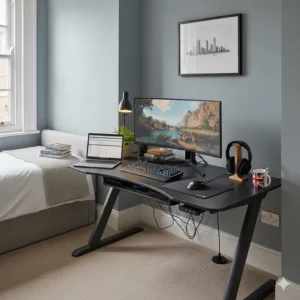 A minimalist gaming desk styled as a workstation for both PC gaming and home office study.