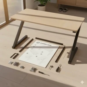 Overhead view of flat-pack gaming desk components with an easy-to-follow instruction manual.