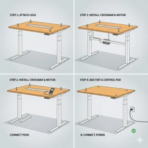 Simple step-by-step graphic for assembling an eco-friendly standing desk at home.