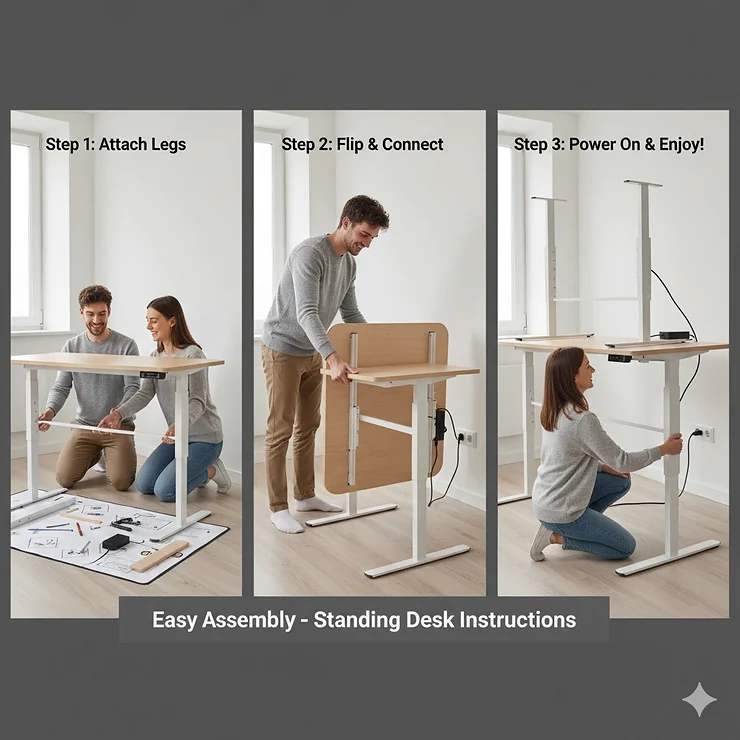 Illustration of the quick and easy assembly process for a budget-friendly electric sit-stand desk. quiet electric standing desk