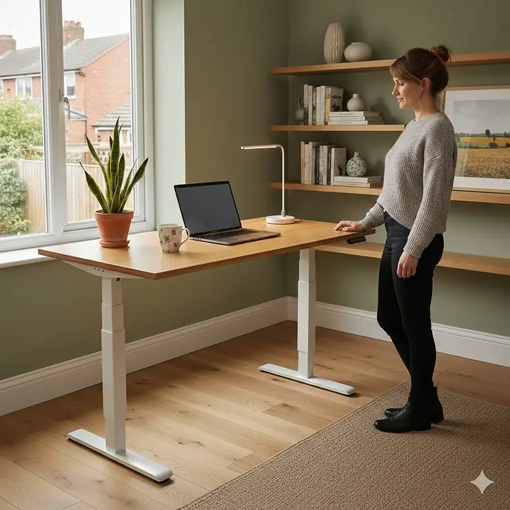 A sustainable solid bamboo standing desk in a bright British home office setting. eco friendly bamboo standing desk