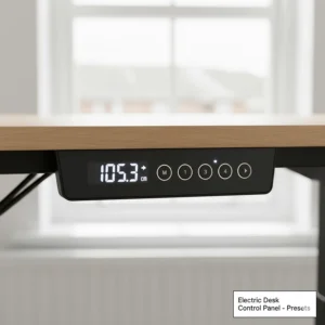 Close-up of a digital control panel with four height memory presets on a budget electric desk.