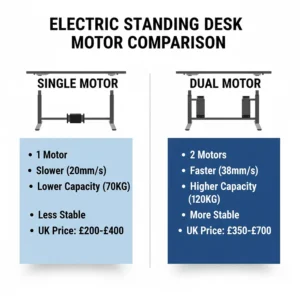 Comparison chart between single and dual-motor electric standing desks, showing differences in lifting speed and weight capacity for UK office setups.
