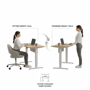 Illustration of the smooth motorised height transition of a small standing desk from sitting to standing position.