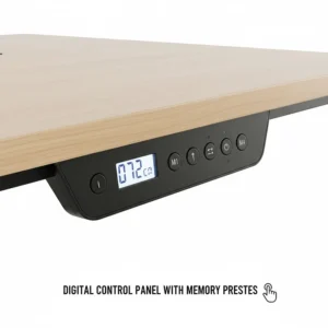 Detail of the digital keypad with memory presets on an electric standing desk for small spaces.