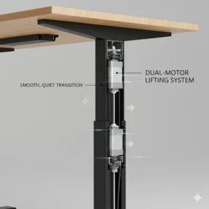 Technical illustration of a quiet dual-motor lifting system for smooth height transitions to prevent sudden back strain.