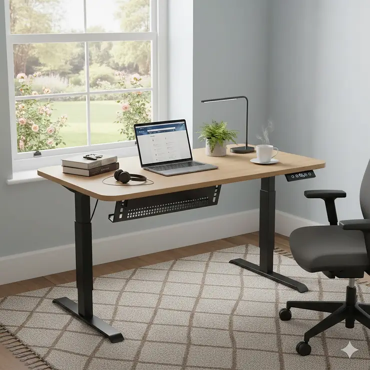 A high-quality electric standing desk with memory presets in a modern UK home office, showing a laptop and a mug of tea on a wood-finish desktop. electric standing desk with memory presets