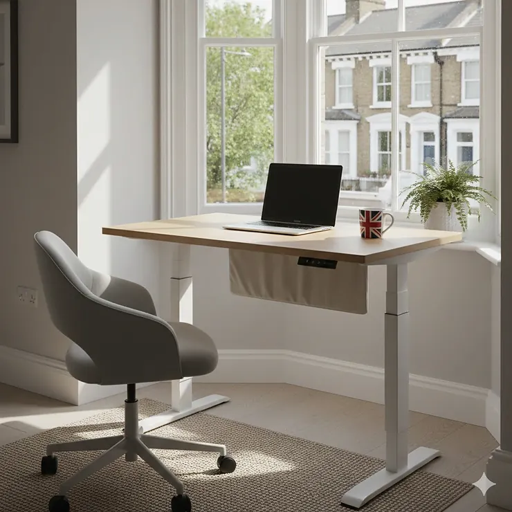 A compact electric standing desk for small spaces positioned in a bright UK home office alcove with a laptop and ergonomic chair. electric standing desk for small spaces