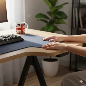 An ergonomically curved budget gaming desk providing comfortable wrist support for long sessions.
