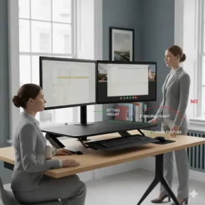 Alt text for image 2 Photorealistic illustration comparing sitting and standing heights to ensure a healthy ergonomic posture when using a dual monitor riser.