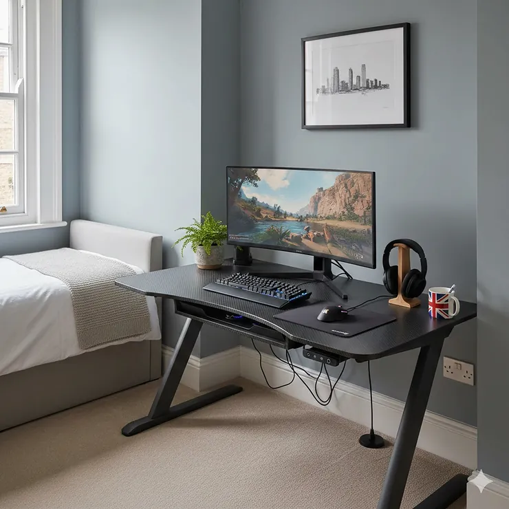Compact ergonomic gaming desk with a carbon fibre finish styled in a small British bedroom alcove. gaming desk for small bedroom