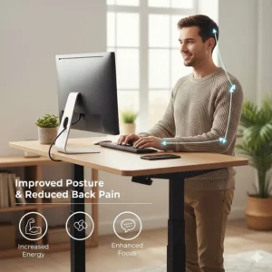 Illustration of a person using a manual standing desk to improve posture and reduce back pain in a professional setting.