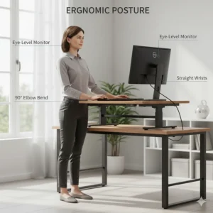 An infographic showing correct ergonomic posture, including eye-level monitor height and a 90-degree elbow bend on a sit-stand desk.