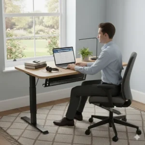 Illustration of a person sitting ergonomically at a height-adjustable desk, with the electric standing desk set to a saved memory position for sitting.