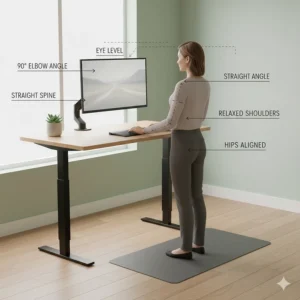 Diagram showing the correct ergonomic standing posture for back pain relief, including elbow height and eye level.