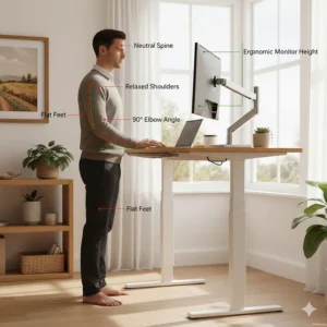 Illustration showing the correct ergonomic posture for a UK professional using a bamboo sit-stand desk.