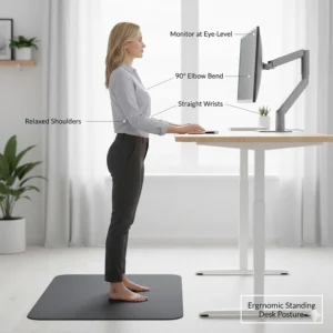 An illustration showing correct ergonomic posture at a height-adjustable desk for UK office workers.