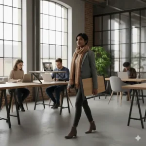 A woman carrying a slim, foldable portable desk riser through a modern British co-working space with industrial windows.