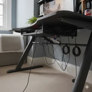 Close-up of built-in cable management trays and grommets on a compact desk to keep wires organised.