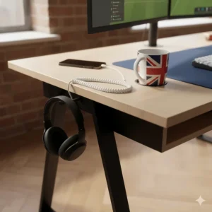 Useful desk accessories including a headphone hook and cup holder on a cheap gaming desk.