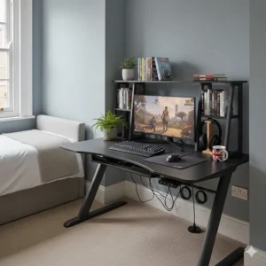 Small gaming desk featuring an integrated hutch and overhead shelving for PC games and accessories.