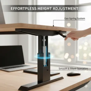A close-up of a gas-spring system for effortless and silent height adjustment on a professional sit-stand converter.