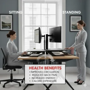 Alt text for image 9 Split-screen illustration showing a professional sitting and standing, listing health benefits like improved circulation and reduced back pain.