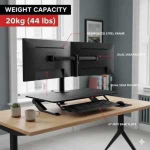 Alt text for image 3 Close-up technical view of a dual monitor converter with a reinforced steel frame, showing a 20kg weight capacity for heavy displays.