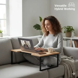 A woman comfortably using a versatile portable desk riser as a laptop stand while sitting on a grey sofa for hybrid working.