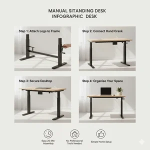 Simple step-by-step visual guide for assembling a manual sit-stand desk at home using standard tools.