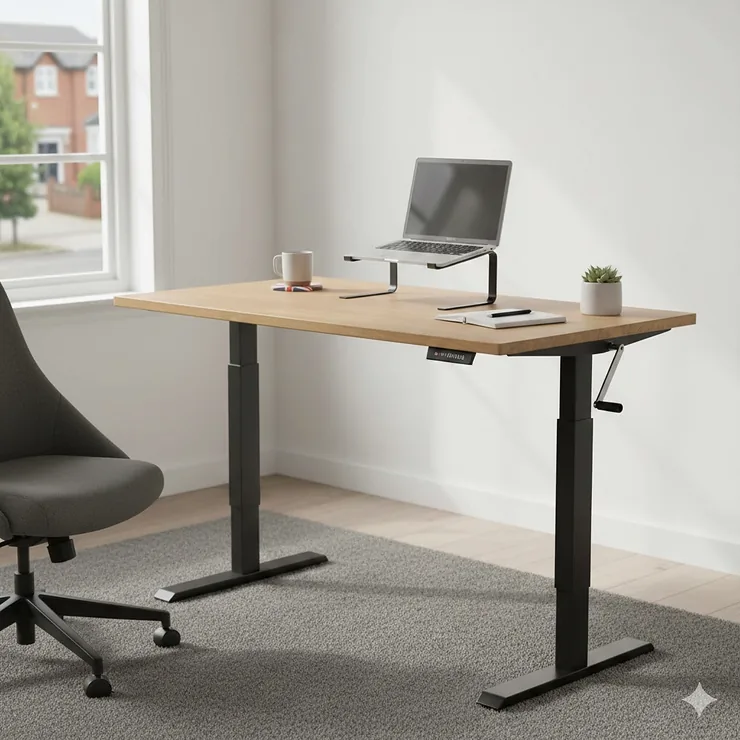 A high-quality manual standing desk under £200 in a modern UK home office setup with natural light. manual standing desk uk under 200