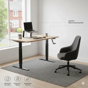 A minimalist UK office layout featuring an adjustable manual standing desk, ergonomic chair, and clean workspace aesthetic.