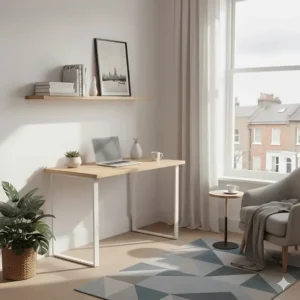 A minimalist London-style flat interior featuring a compact bamboo standing desk.