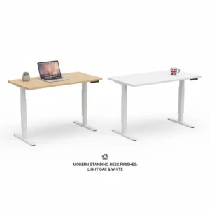 A variety of wood finishes, including light oak and white, for a small electric standing desk to suit British interior design.