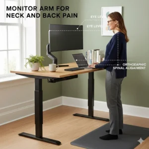 Illustration of a monitor arm attached to a standing desk to maintain orthopaedic alignment of the neck and spine.